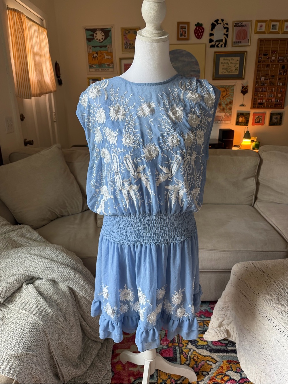 Boho Free People Blue/White Embroidery Dress "Garden Bloom" Dress Size Large